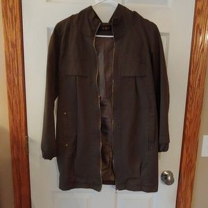 Jacket olive green w/ brass zipper, snaps, buckles